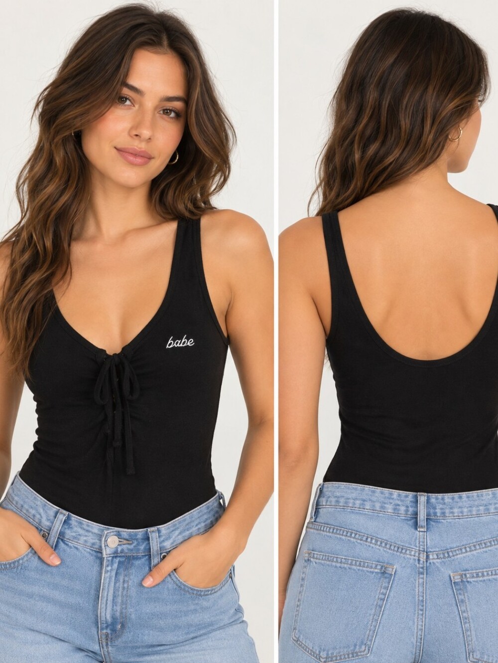 LA Hearts “Babe” Black Tie-Front Bodysuit – Size Medium